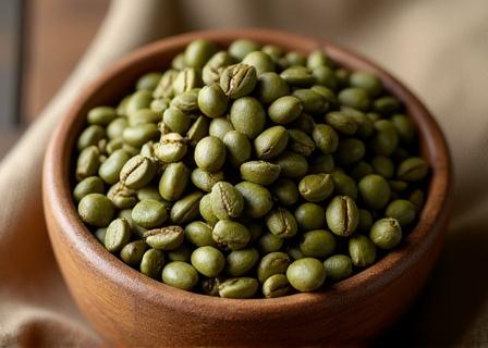 Grüne Rohkaffeebohnen in einer Holzschale.