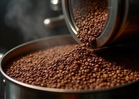 Kaffeeröstmaschine in Aktion, gefüllt mit braunen Bohnen.